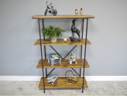 Rectangular Floor Shelf Unit, Four Tier Wooden Shelves, Black Frame Metal, Natural   
