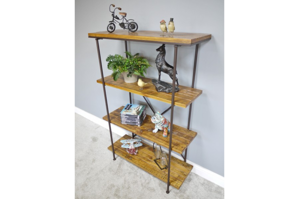 Rectangular Floor Shelf Unit, Four Tier Wooden Shelves, Black Frame Metal, Natural