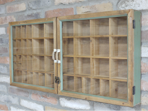 Distressed Wooden Wall Shelf / Cabinet, Landscape Design, Glass Door, Rectangular, Natural