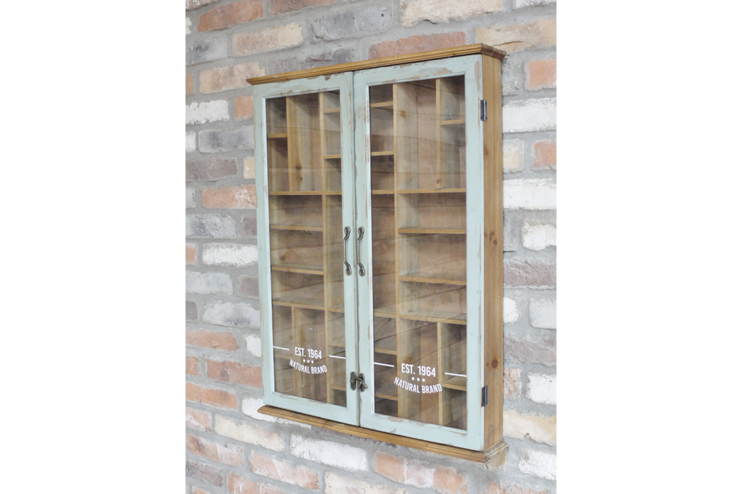 Distressed Wooden Wall Shelf / Cabinet, Glass Door, Rectangular, Natural
