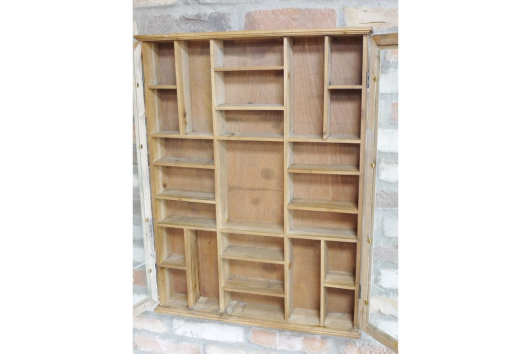 Distressed Wooden Wall Shelf, Cabinet, Glass Door, Rectangular, Natural