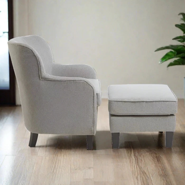 Decadence Armchair, Footstool, Grey Fabric, Black Wood Legs