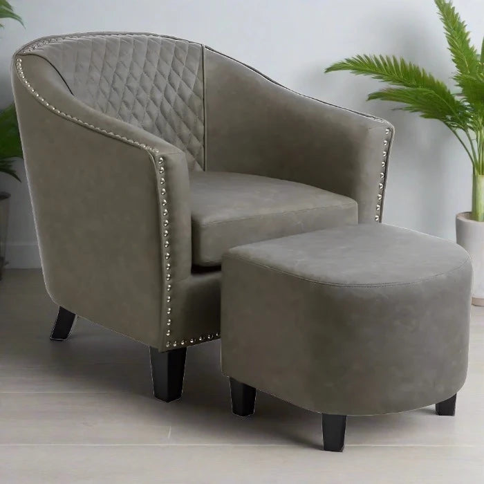 Croft Accent Armchair & Footstool, Grey Leather, Black Wood Legs
