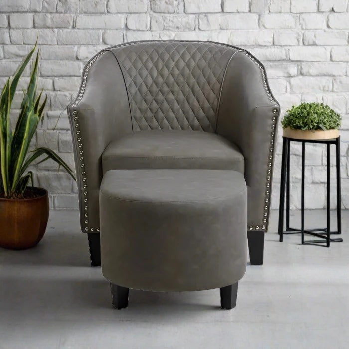 Croft Accent Armchair & Footstool, Grey Leather, Black Wood Legs