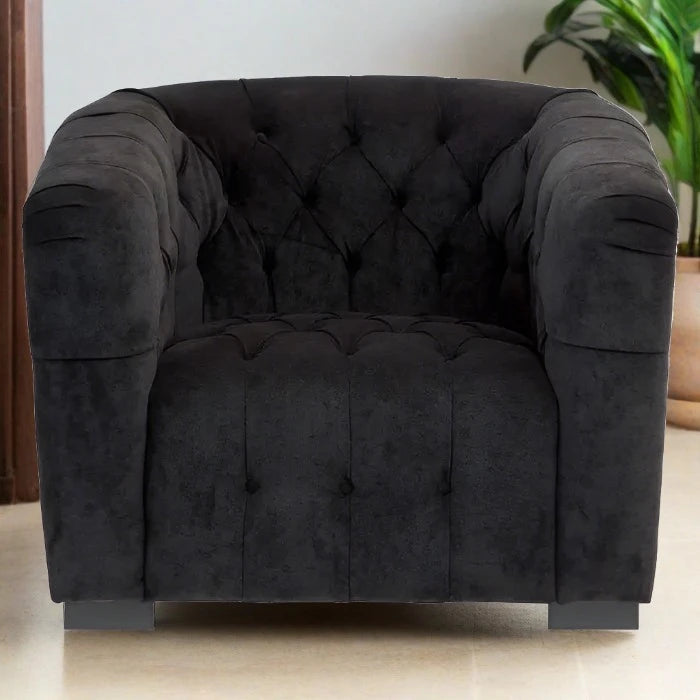 Fenton Button Armchair, Black Fabric, Black Wood Legs