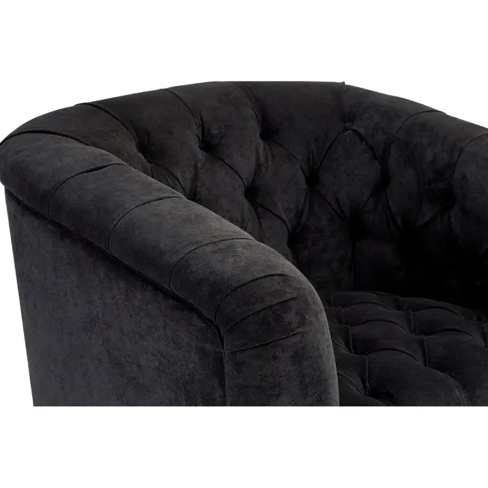 Fenton Button Armchair, Black Fabric, Black Wood Legs
