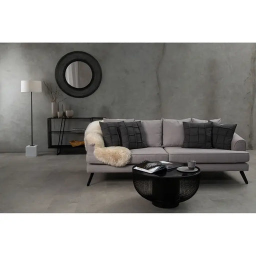 Mylo Three Seater Sofa, Natural Fabric, Rolled Arms, Black Finish Iron Legs, Cushions 