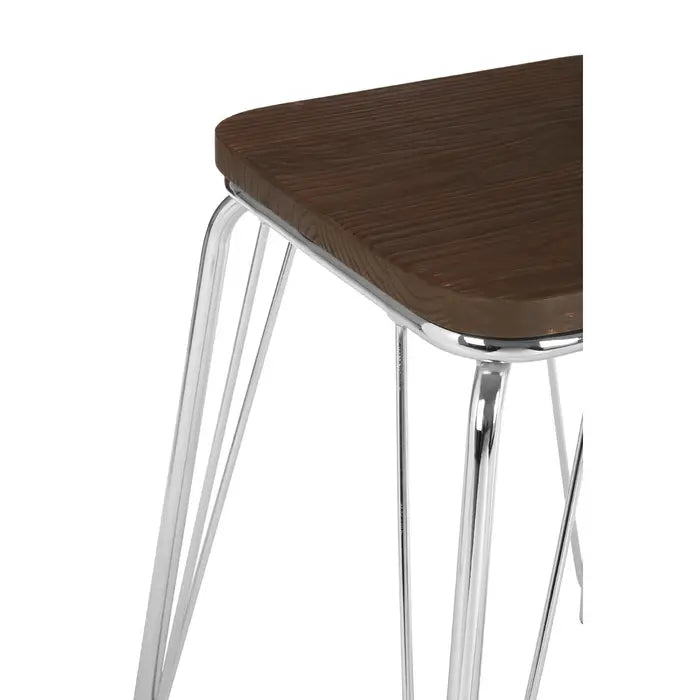 Battersea Chrome Metal And Elm Small Wood Stool