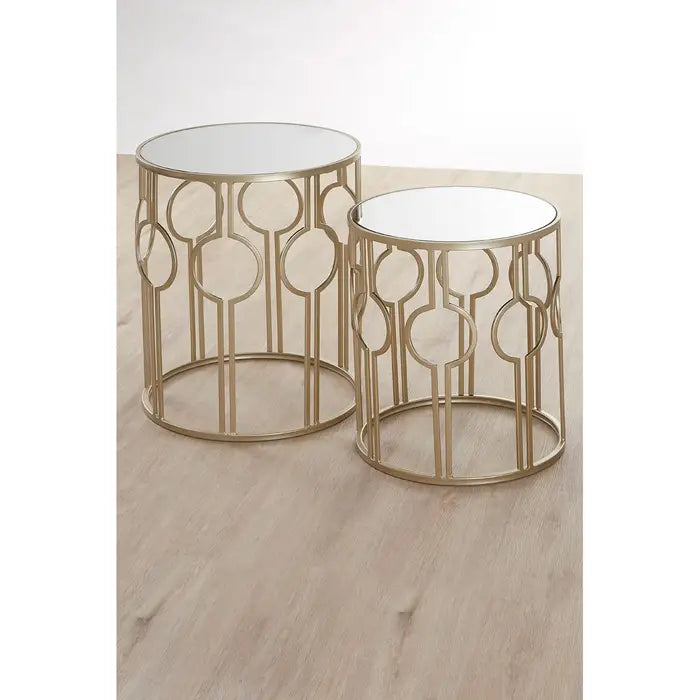 Avantis Side Tables, Round Design, Champagne Metal Frame, Mirror Glass Tabletops, Set of 2