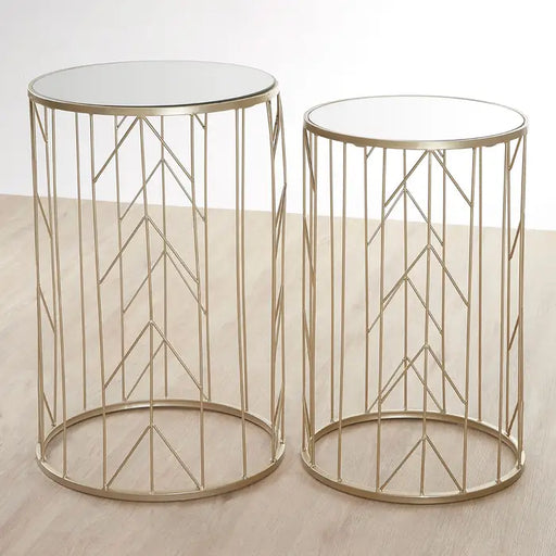 Avantis Side Tables, Champagne Metal Frame, Round Mirror Glass Top, Set of 2
