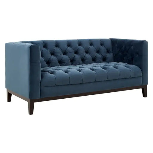 Sasha 2 Seater Sofa, Midnight Blue Velvet, Button Tufted, Black Wooden Legs, Chesterfield