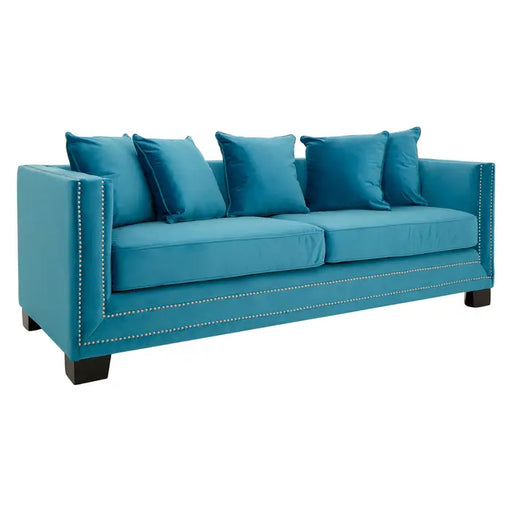 Sofia 3 Seater Sofa, Cyan Blue Velvet, Black Wooden Legs, Cushions