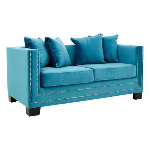 Sofia 2 Seater Sofa, Cyan Blue Velvet, Black Wooden Legs, Cushions