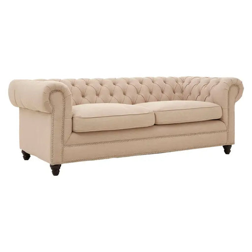 Stella 3 Seater Sofa, Beige Linen, Button Tufted Back, Wooden Feet, Rolled Arms, Plump Cushions