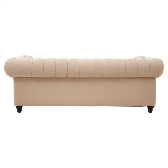 Stella 3 Seater Sofa, Beige Linen, Button Tufted Back, Wooden Feet, Rolled Arms, Plump Cushions