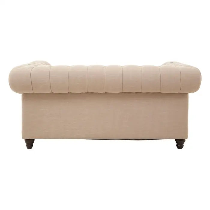 Stella 2 Seater Sofa, Beige Linen, Wooden Feet,  Plump Cushions, Button Tufted Back, Rolled Arms