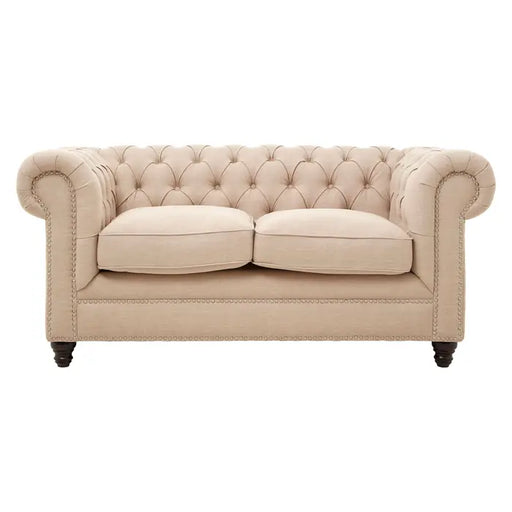 Stella 2 Seater Sofa, Beige Linen, Wooden Feet,  Plump Cushions, Button Tufted Back, Rolled Arms