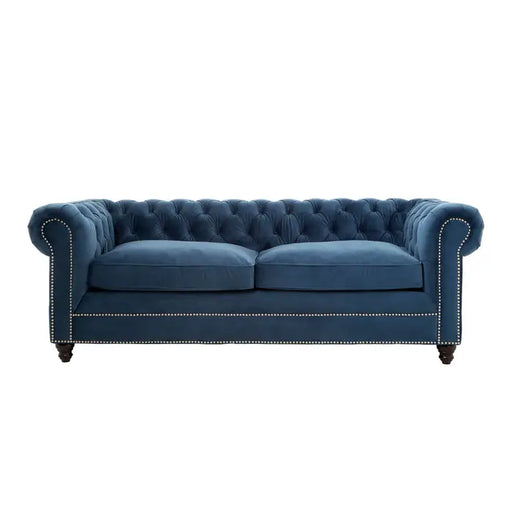 Stella 3 Seater Sofa, Midnight Blue Velvel, Button Tufted Back, Wooden Legs, Scrolled Arms