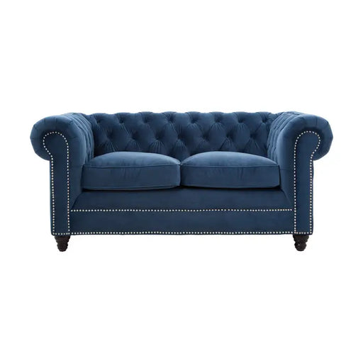 Stella 2 Seater Sofa, Midnight Blue Velvet, Wooden Feet,  Plump Cushions, Button Tufted Back, Rolled Arms