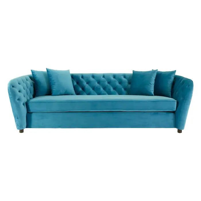 Riva 3 Seater Sofa, Cyan Velvet, Button Tufted, Wooden Legs, Cushions