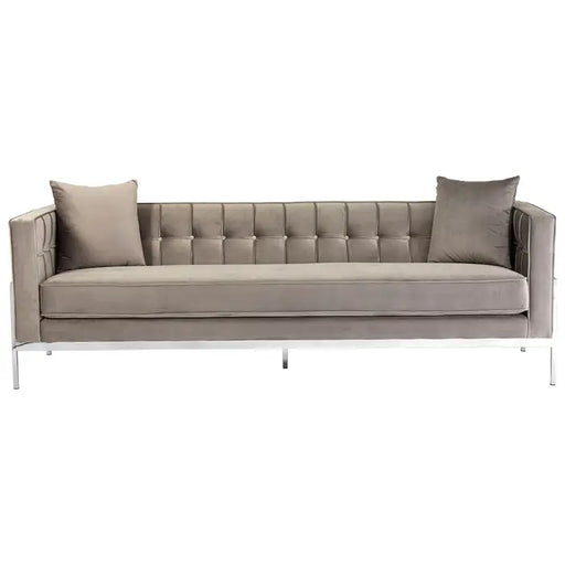 Rena 3 Seater Sofa, Grey Velvet, Button Tufted, Metal Frame, Siver, Cushions