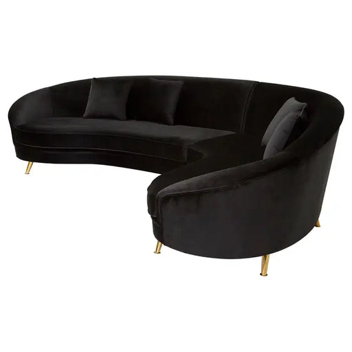 Ruby 5 Seater Sofa Unit, Curved, Black Velvet, Gold Metal legs, Cushions