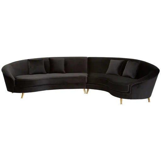 Ruby 5 Seater Sofa Unit, Curved, Black Velvet, Gold Metal legs, Cushions