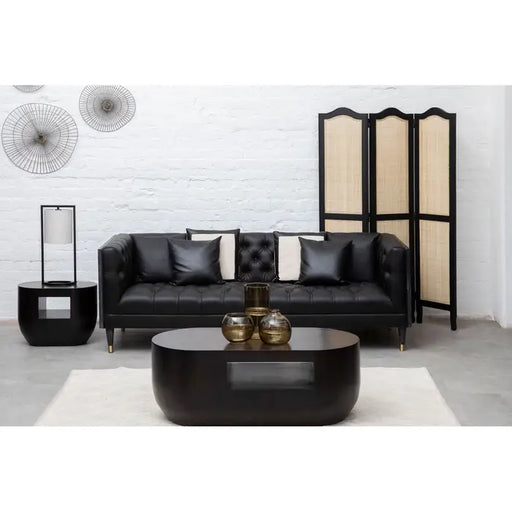 Raven 3 Seater Sofa, Chesterfield, Inky Black Faux Leather, Wooden Legs, Button Tufted