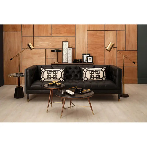 Raven 3 Seater Sofa, Chesterfield, Inky Black Faux Leather, Wooden Legs, Button Tufted