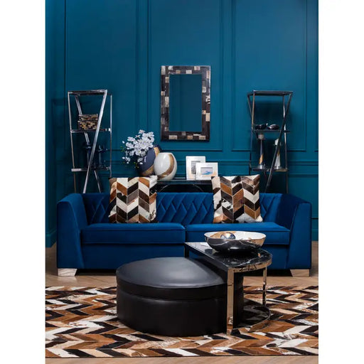 Rashika 3 Seater Sofa, Dark Blue Velvet, Metal Feet, Cushions, Diagonal Channel Tufted