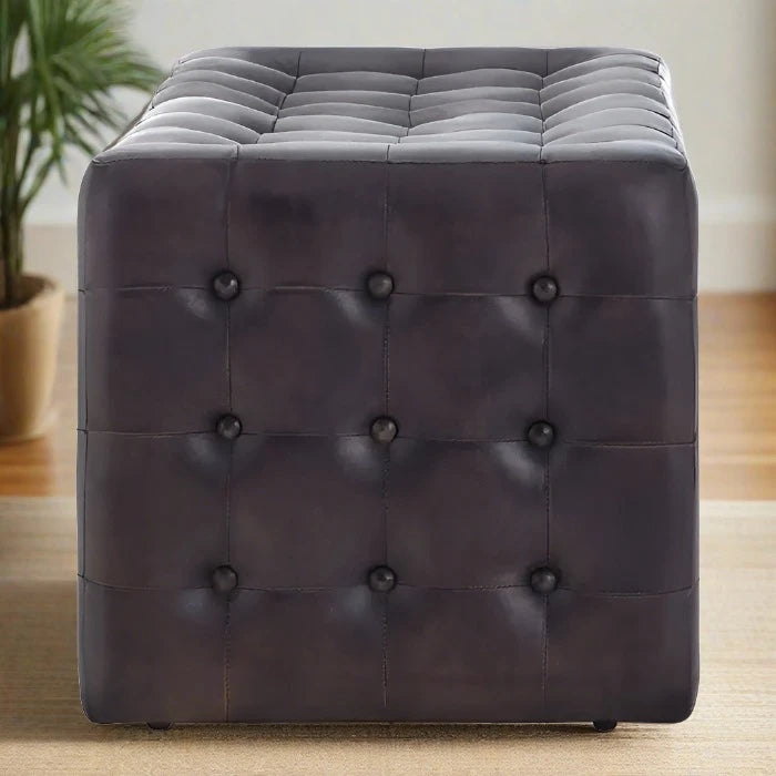 Buffalo Indoor Bench, Antique Grey Button Tufted Leather