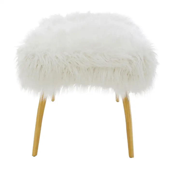 Hatfield Indoor Bench, White Fur Seat, Gold Metal Legs
