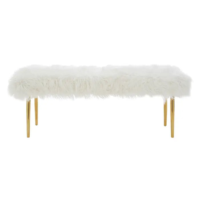 Hatfield Indoor Bench, White Fur Seat, Gold Metal Legs