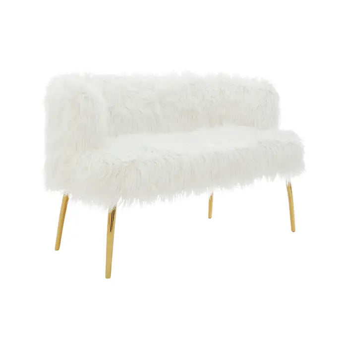 Clarence Statement Sofa, White Faux Fur, Stainless Steel Legs, Gold