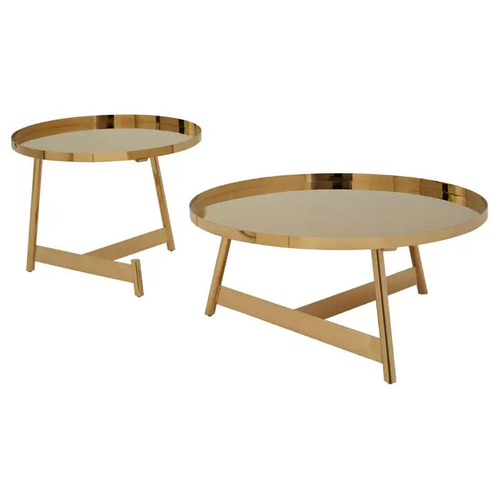 Alvaro Side Tables, Three Legs, Angular Frames, Round Tops, Gold Metal, Set of 2