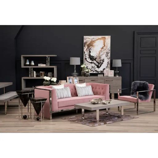 Vogue 3 Seater Sofa,  Pink Velvet, Stainless Steel Frame, Low Profile Backrest
