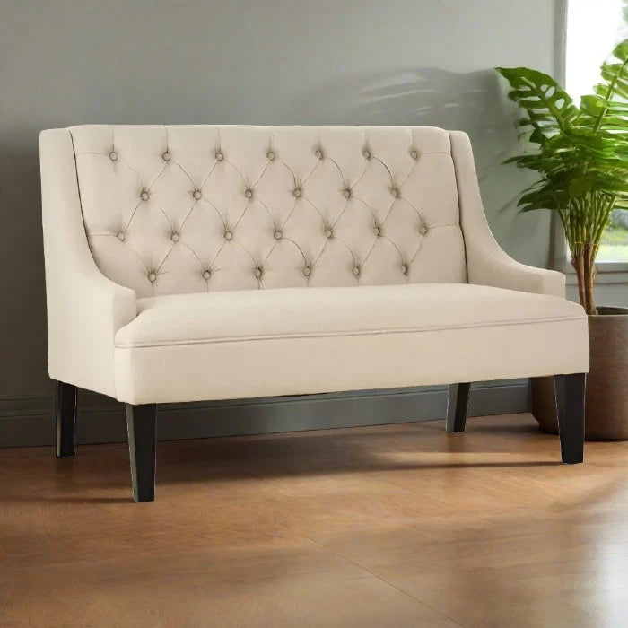 Birkdale High Back Bench, Cream Button Tufted, Black Wood Legs