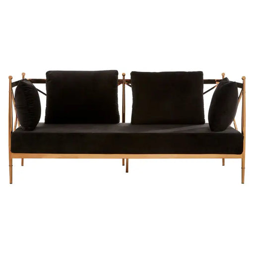 Novo 2 Seater Sofa, Rose Gold Lattice Arms, Black Velvet, Steel Angular Frame, Cushions