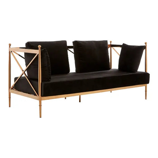 Novo 2 Seater Sofa, Rose Gold Lattice Arms, Black Velvet, Steel Angular Frame, Cushions