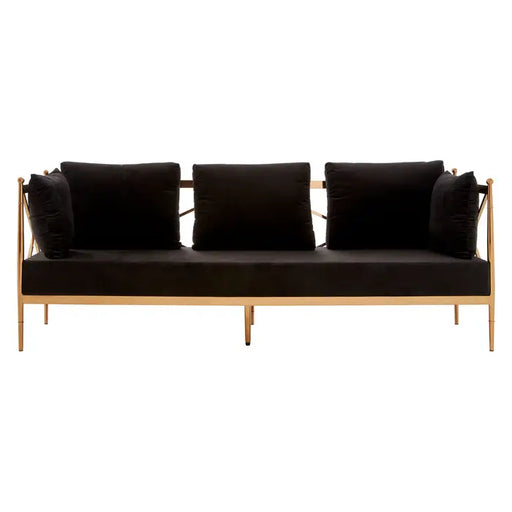 Novo 3 Seater Sofa, Rose Gold Lattice Arms, Black Velvet, Steel Angular Frame, Cushions