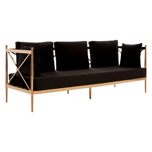 Novo 3 Seater Sofa, Rose Gold Lattice Arms, Black Velvet, Steel Angular Frame, Cushions