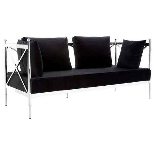 Novo 2 Seater Sofa, Silver Lattice Arms, Black Velvet, Steel Angular Frame, Cushions