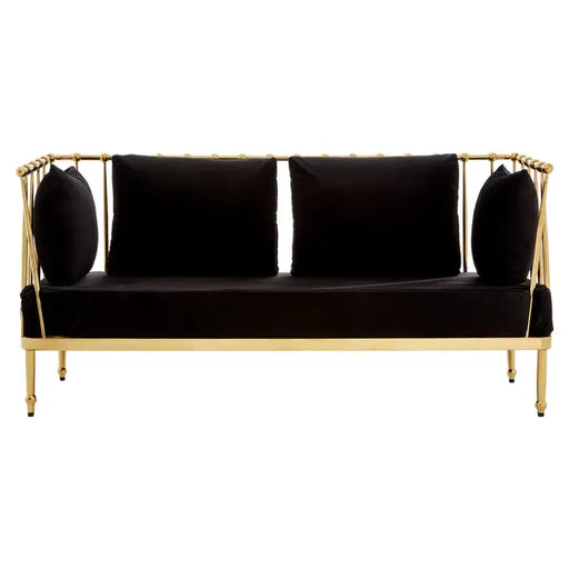 Novo 2 Seater Sofa, Gold Finish, Tapered Arms, Black Velvet, Steel Frame 