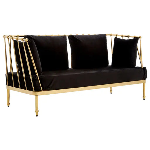 Novo 2 Seater Sofa, Gold Finish, Tapered Arms, Black Velvet, Steel Frame 
