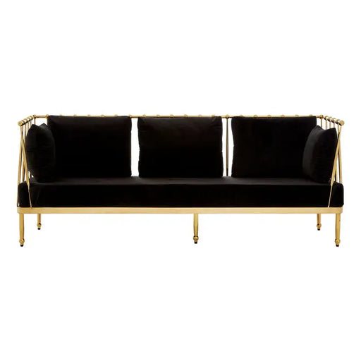 Novo 3 Seater Sofa, Gold Finish Tapered Arms, Black Velvet, Steel Angular Frame, Cushions