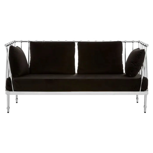 Novo 2 Seater Sofa, Black Velvet, Silver Finish Tapered Arms, Steel Frame, Cushions