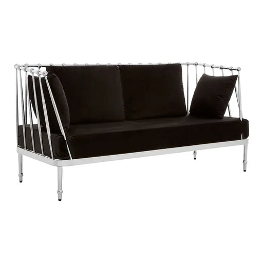 Novo 2 Seater Sofa, Black Velvet, Silver Finish Tapered Arms, Steel Frame, Cushions