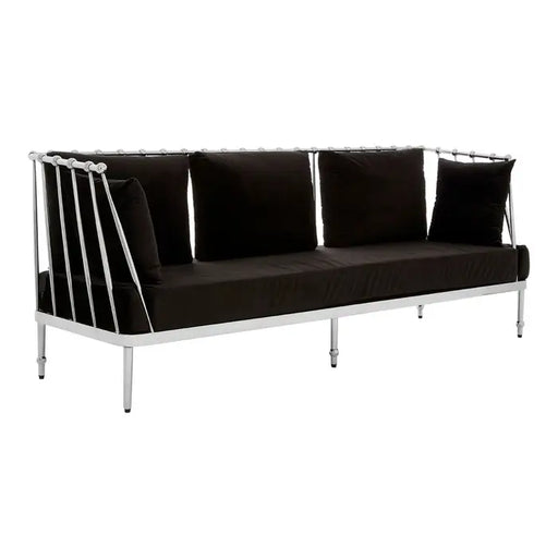 Novo 3 Seater Sofa, Silver Finish Tapered Arms,Black Velvet, Steel Angular Frame, Cushions