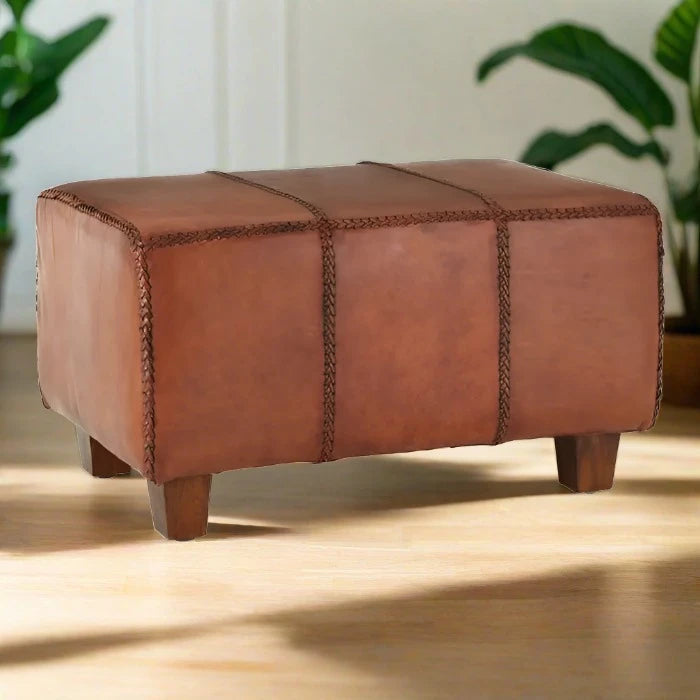 Metro Indoor Bench, Tan Stitched Leather, Tapered Teak Leg