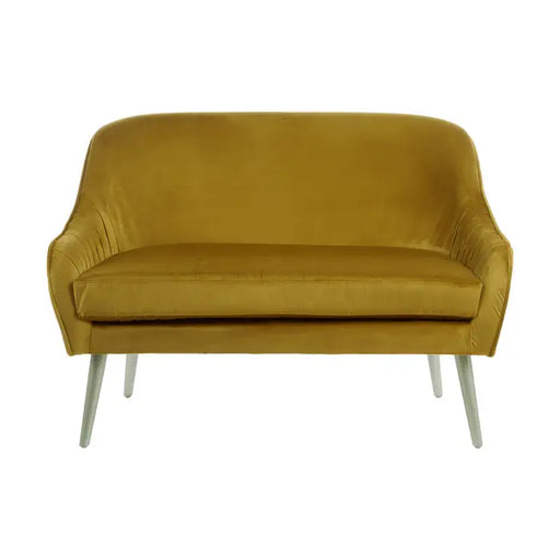 Louxor 2 Seater Sofa, Yellow Velvet, Tapered Design, Natural Wooden Legs, Cushions